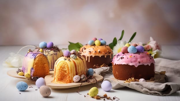 Traditional easter cake or sweet bread - Delicious Easter cakes and eggs on white background, generative ai