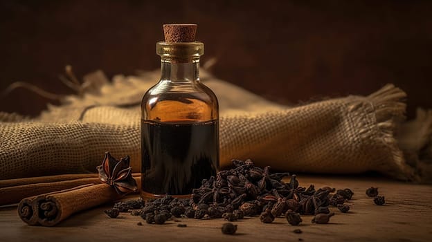 Essential oil of clove rustic . Close up glass bottle of clove oil and cloves in wooden shovel on burlap sack. Generative ai