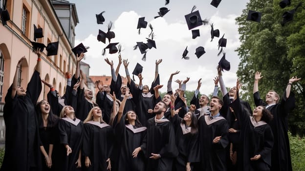 silhouettes of many happy students in gowns throwing mortarboards in air - education, graduation and people concept, generative ai