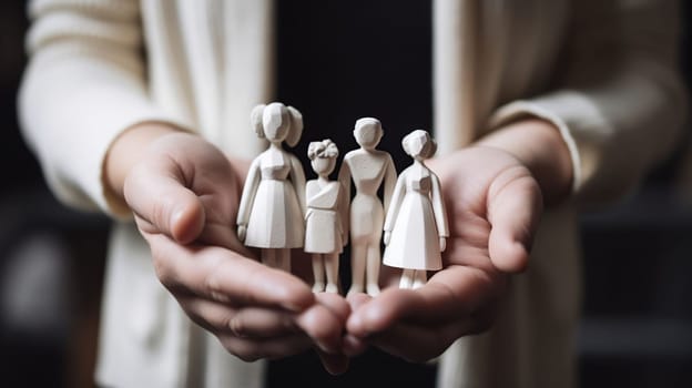 Female hands holding white family figures, generative ai