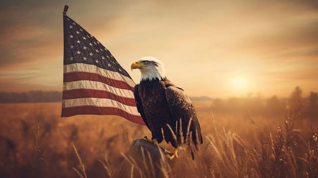 Eagle With American Flag Flies In Freedom At Sunset, generative ai
