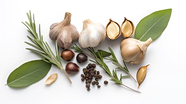 Garlic, rosemary, bay leaves, allspice and pepper isolated on white background. Flat lay. Top view, generative ai