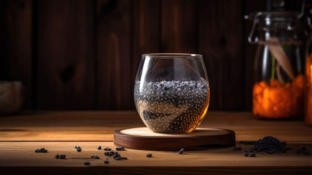 Glass with drink and chia seeds on wooden background, generative baground