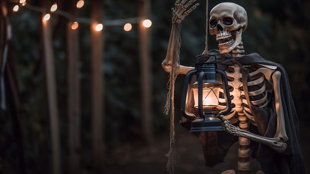 Halloween Night - Skeleton Holding Lantern In Spooky Night, generative ai