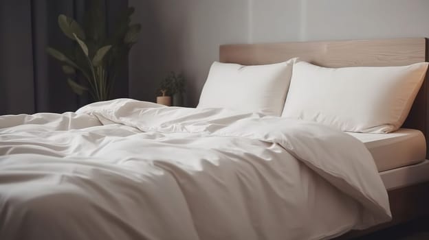 Comfortable bed with soft white mattress, blanket, generative ai
