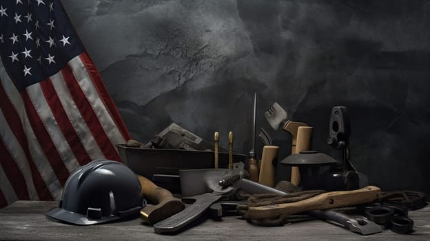 Happy Labor day concept. American flag with different construction tools on dark stone background, generative ai