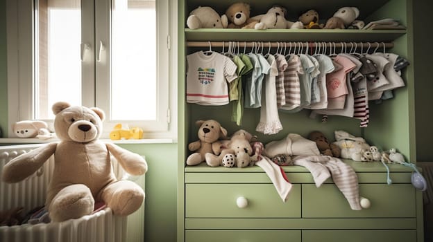 Baby clothes and rattle on wooden chest of drawers in children s room, generative ai