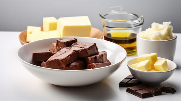 Bowl with butter and ingredients for preparing chocolate brownie on white background, generative ai