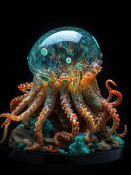 A highly detailed translucent octopus humanoid glowing from within, bioluminescent nudibranch skin, turquoise and orange corals and anemones, generative ai
