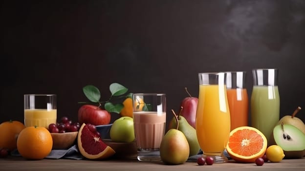Glasses with different juices and fresh fruits on table with black baground, generative ai
