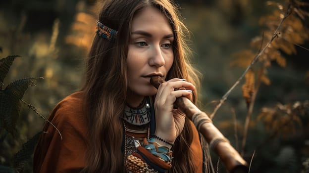 Beautiful shamanic girl playing on shaman flute in the nature, generative ai