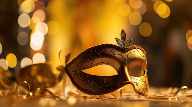 Carnival Party - Venetian Mask On Yellow Satin With Shiny Streamers, generative ai