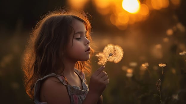 Little Girl Blowing Dandelion Flower At Sunset - Defocused Background, generative ai