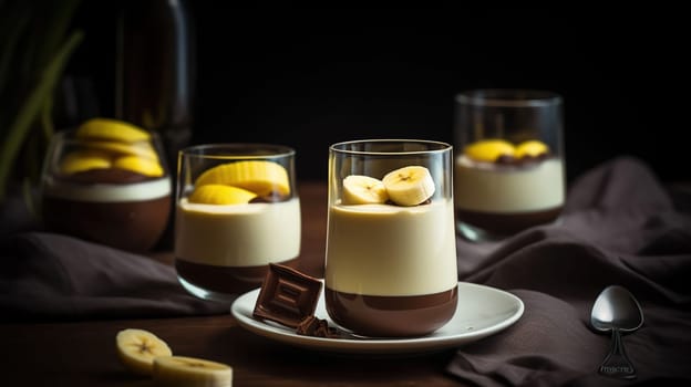 Panna cotta. Milk dessert with chocolate and banana in a glass, generative ai