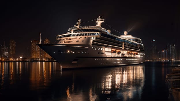 Modern cruise liner in the harbor at night, generative ai