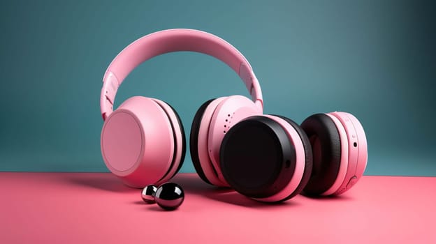 Modern wireless portable speakers and headphones on color background, generative ai