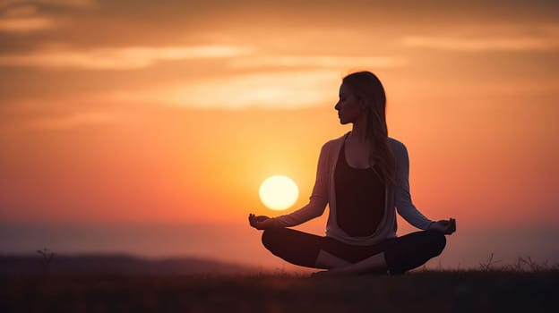 Yoga At Sunset - Woman In Meditation - Focus On Foreground And Blurred Background, generative ai
