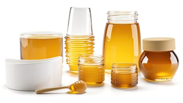 Honey jars and wooden dippers set isolated on white background. Package design element with clipping path, generative ai