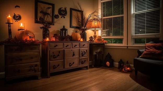 Interior of living room decorated for Halloween with door and chest of drawers, generative ai