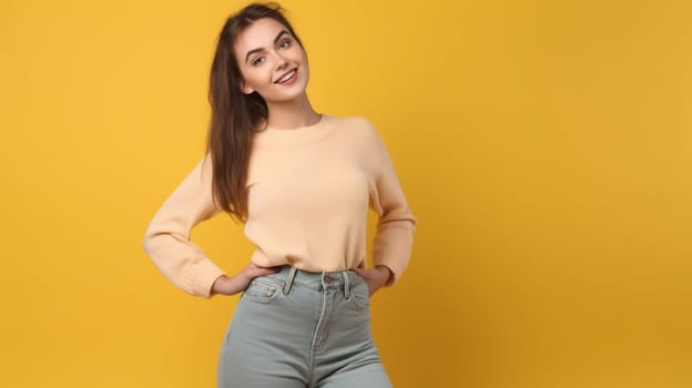 Happy young woman with slim body in oversized jeans on yellow background, generative ai