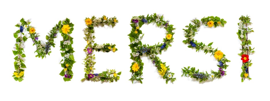 Colorful Flowers Building Arabic Text Mersi, Means Thank You in English, Some Green And Some Spring Flowers on Isolated White Background, Symbolic Meaning, Quote