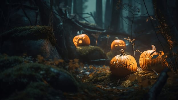 Halloween - Pumpkins In Spooky Forest With Tombs At Night, generative ai