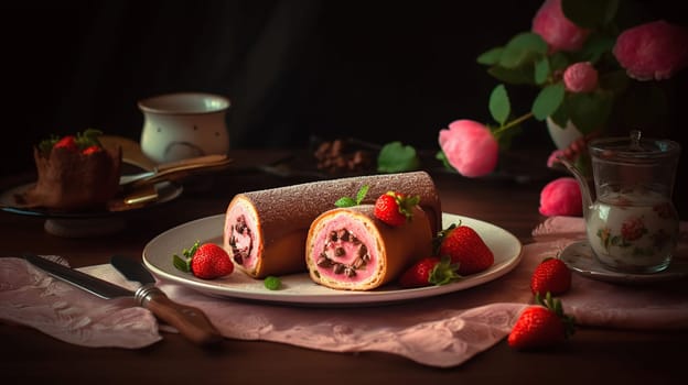 Pink plate with pieces of delicious sponge cake roll, fresh strawberries, napkin and chocolate, generative ai