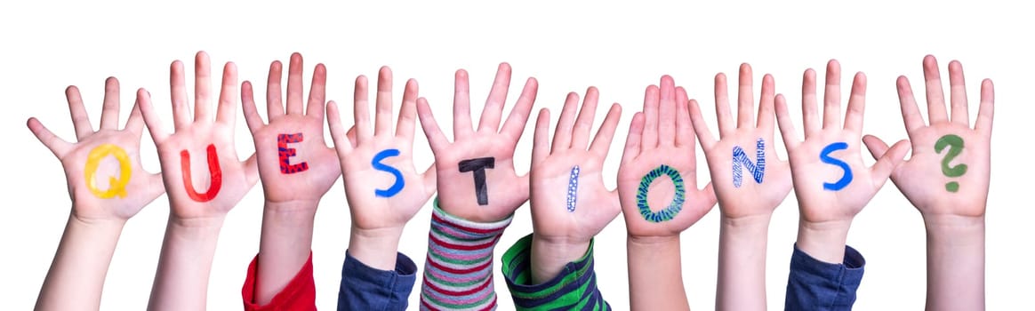 Children Hands Building Colorful English Word Questions. White Isolated Background