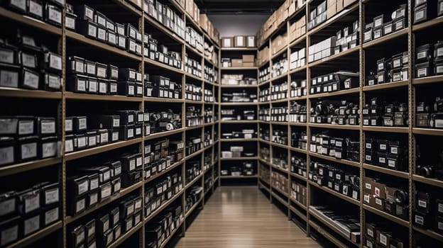 Rows Of Shelves With Boxes In Warehouse, generative ai