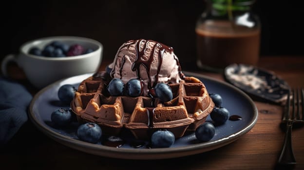 Plate of delicious Chocolate Belgian Waffles with ice cream and blueberry, generative ai