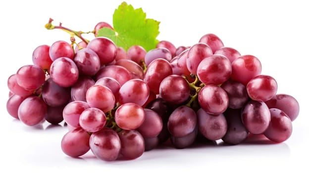 Ripe red grape. Pink bunch with leaves isolated on white. With clipping path, generative ai