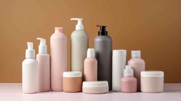 Set of cosmetic products on a color background. Cosmetic package collection.Natural beauty blank label for branding mock-up concept, generative ai