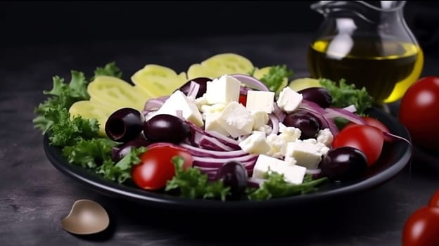 Salad with fresh vegetables olives tomatoes red onion greek cheese feta and olive oil isolated, generative ai