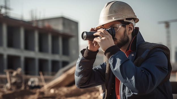 Smart civil architect engineer inspecting and working outdoors structure building site with blueprints. architecture concept, generative ai