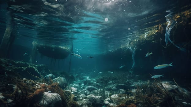 bottle Plastic Pollution In Ocean - Underwater Shine With garbage Floating On Sea - Environmental Problem, generative ai