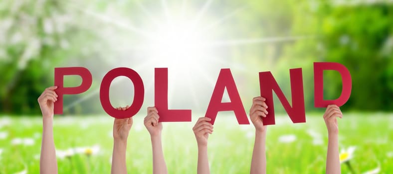 People Or Persons Hands Building English Word Poland. Sunny Green Grass Meadow As Background.