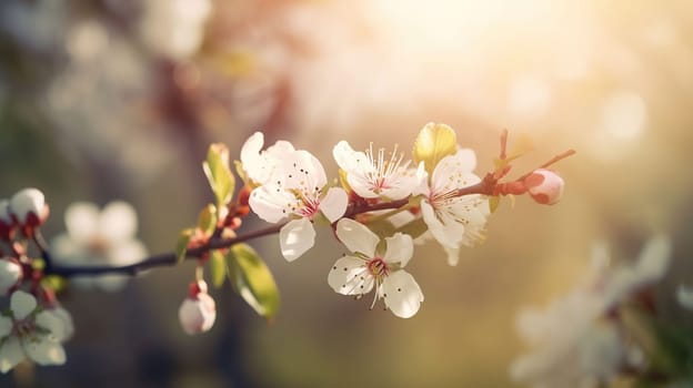 Spring blossom background. Beautiful nature scene with blooming tree and sun flare. Sunny day. Spring flowers. Beautiful Orchard. Abstract blurred background, generative ai