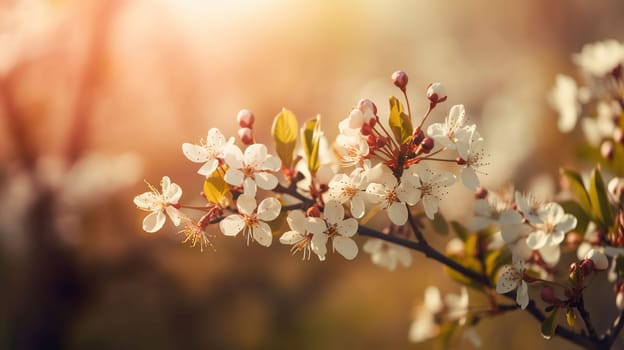 Spring blossom background. Beautiful nature scene with blooming tree and sun flare. Sunny day. Spring flowers. Beautiful Orchard, generative ai