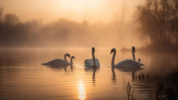 Swans Over Lake At Sunrise - Calm And Romance, generative ai