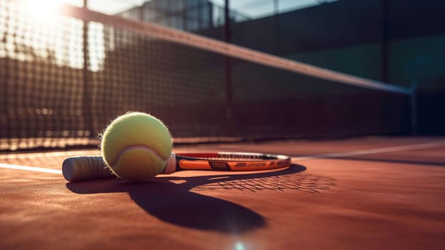 Tennis ball and racket on hard court under sunlight, generative ai