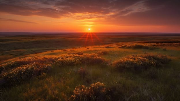 Sunset on the horizon over a vast landscape, grasslands national park, val marie, saskatchewan, canada, generative ai