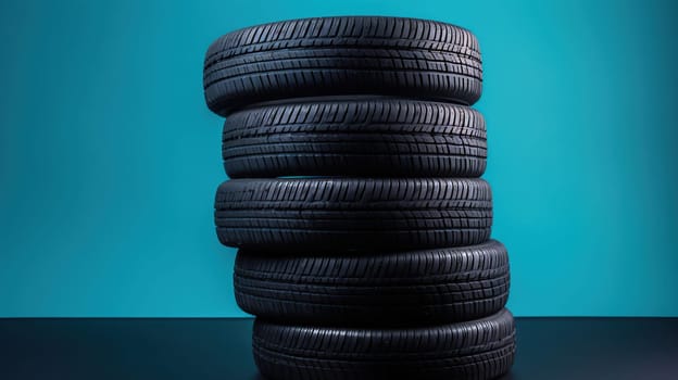 Stack of wheel new black tyres for winter car driving isolated on colored background, generative ai
