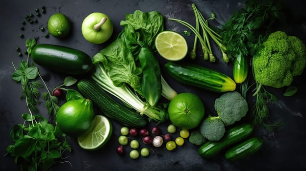 Raw healthy food clean eating vegetables: cucumber, alfalfa, zucchini, spinach, basil, green peas, dill, parsley, avocado, broccoli, lime on dark stone background, top view, generative ai