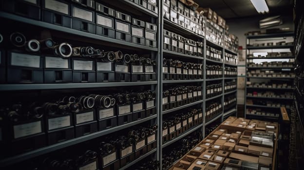 Rows of shelves with goods boxes in huge distribution warehouse at industrial storage factory, generative ai