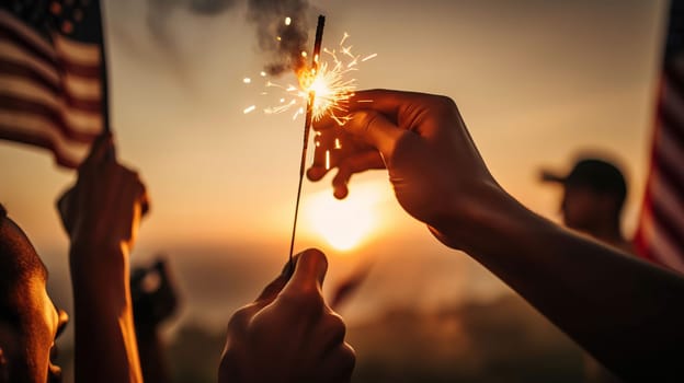 Usa Celebration With Hands Holding Sparklers And American Flag At Sunset, generative ai