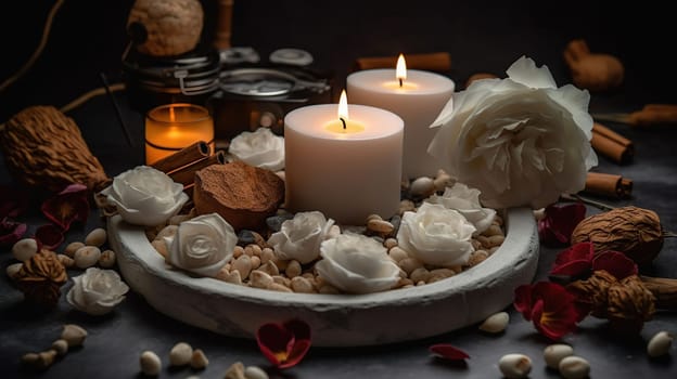 Serenity on a Mat: Creating a Peaceful Ambiance with White Stones, Dried Flowers, Candles, Cinnamon, and Oil, generative ai