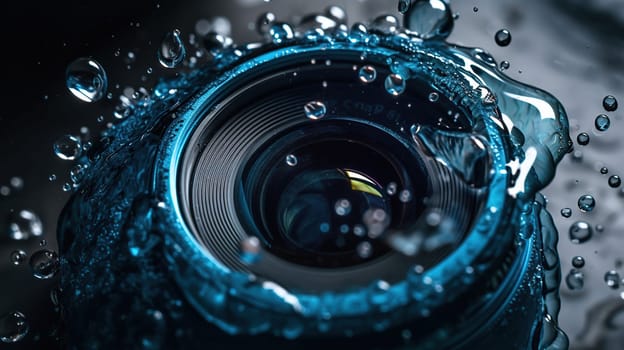 water drop splash in a glass blue colored and camera lens, generative ai