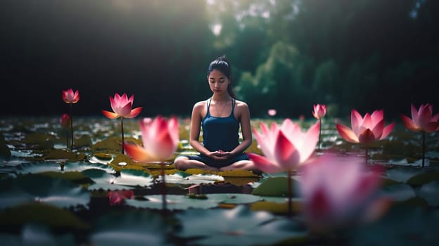 Woman Doing Yoga With Lotus Flowers, Spiritual Contemplation, generative ai