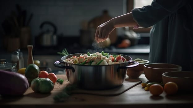 Woman putting vegetables in cooking pot on table in kitchen, generative ai