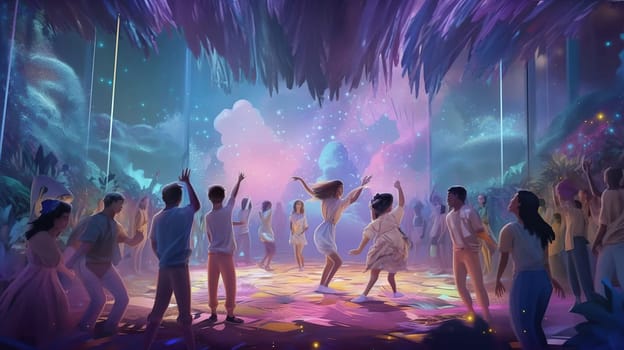 Disco party people. Men and women have fun on dance floor. Musical night club. Cartoon guys or girls dancing at discotheque, generative ai
